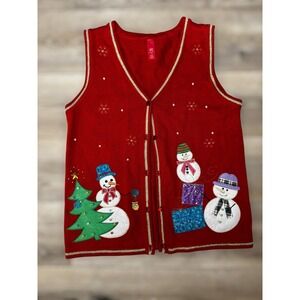 Vintage eclectic Christmas Vest Grandma Holiday Knit Sleeveless Women Small
